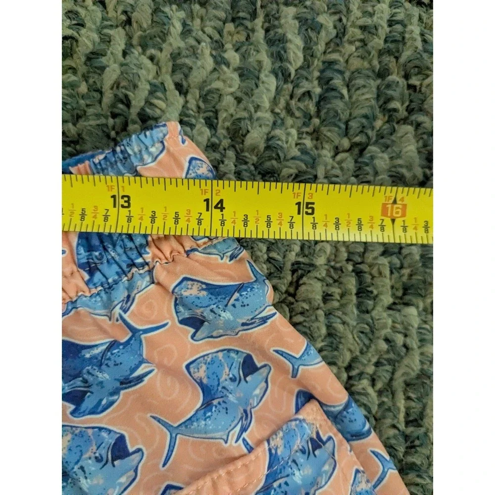 Peter Millar Seaside Mens Swim Trunks Peach Blue Mahi Mahi Fish Print Size M